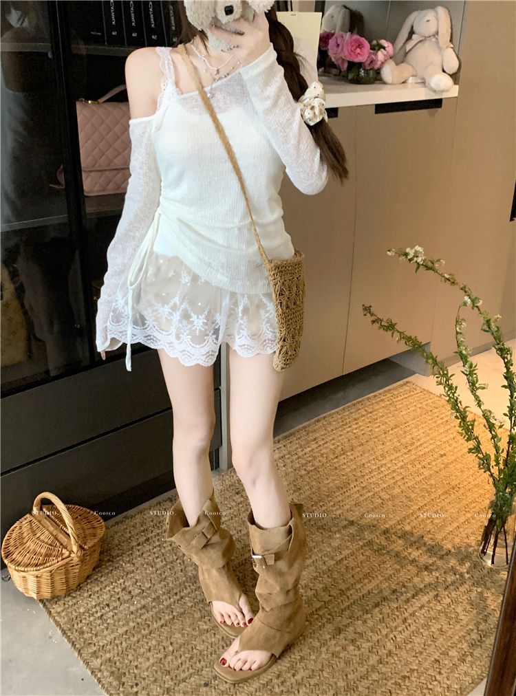 Light Green Off-Shoulder Long-Sleeved T-Shirt for Women Spring See-Through Thin Sun Protection Blouse Drawstring Slim Chic Versatile Top