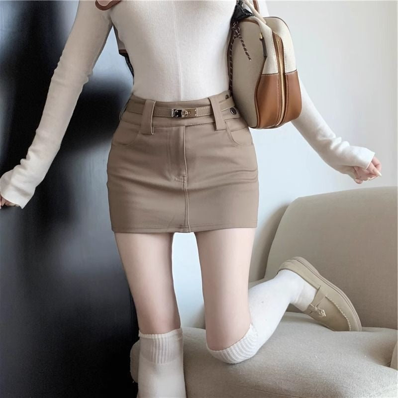 Khaki Tight Skirt for Women in Spring & Fall, Elastic Slimming Look High Waist Hip-Hugging Short Skirt for Small People, Versatile A-Line Skirt