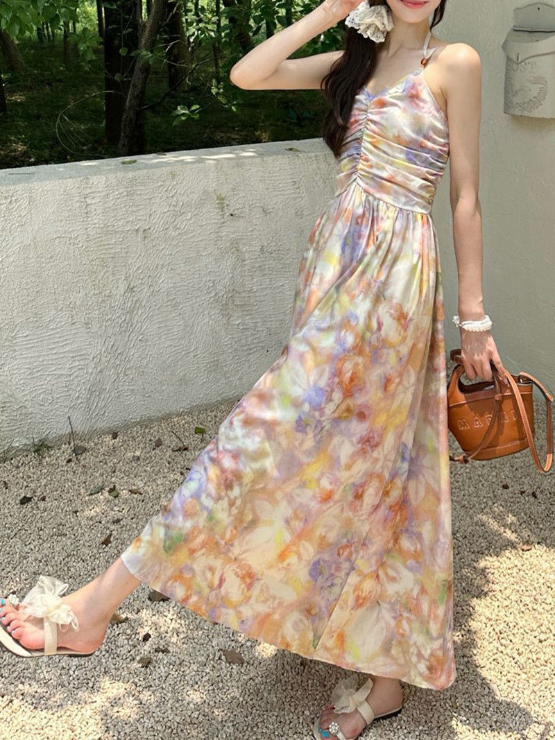 French-Style Oil Painting Halter Neck Spaghetti Strap Dress for Women, New Summer Vacation Style, Backless Floral Mid-Length Dress Ins