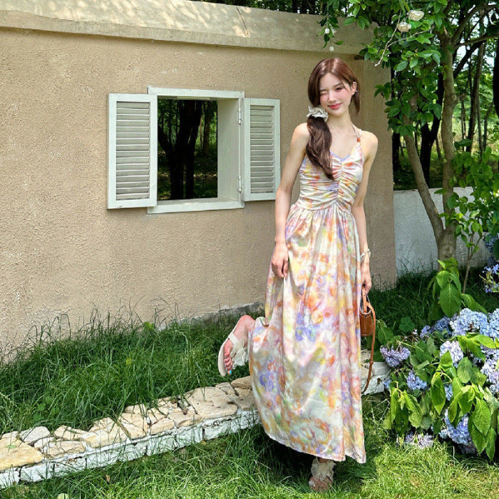 French-Style Oil Painting Halter Neck Spaghetti Strap Dress for Women, New Summer Vacation Style, Backless Floral Mid-Length Dress Ins