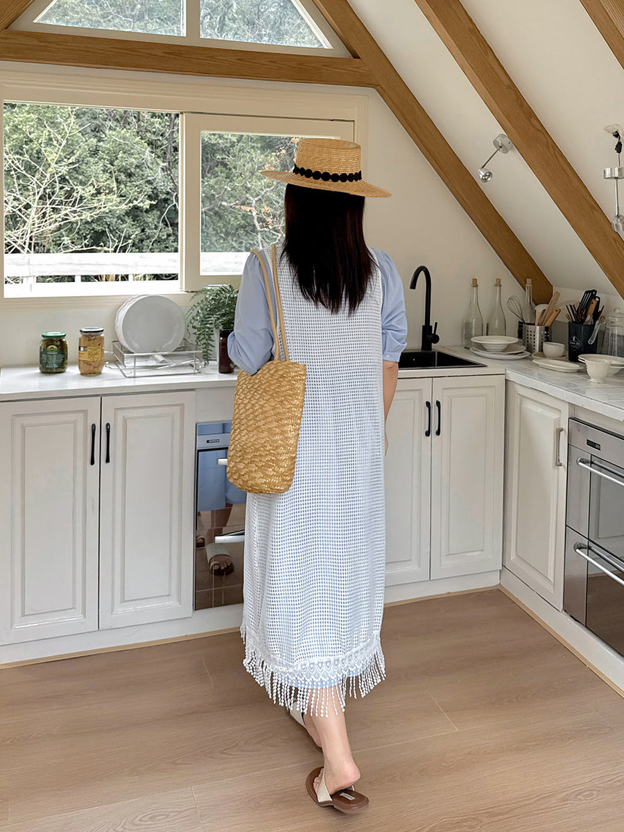 Two days 2025 spring new plus size women's tassel hollow blouse/solid color waist dress 8782AB