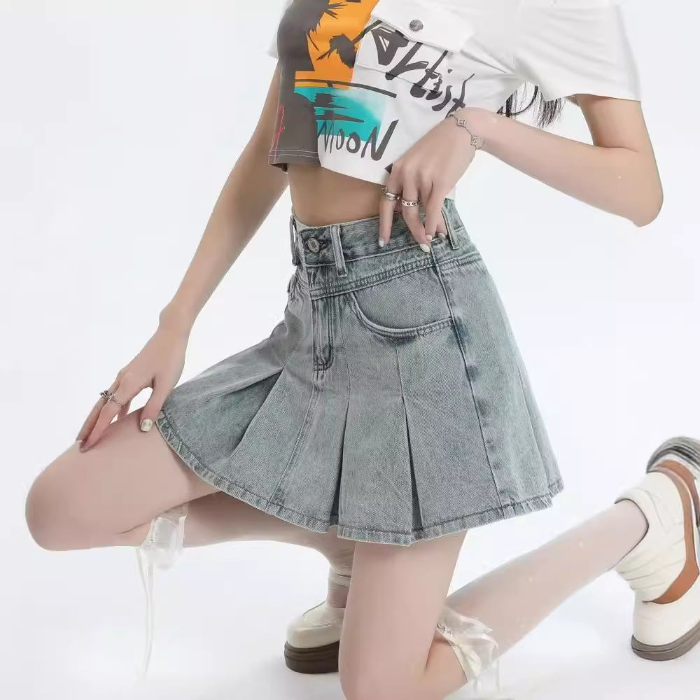 American Style Retro Denim Skirt Women's Summer New Style Small Design Sense A- Line Shorts Pleated Skirt Women's Skirt