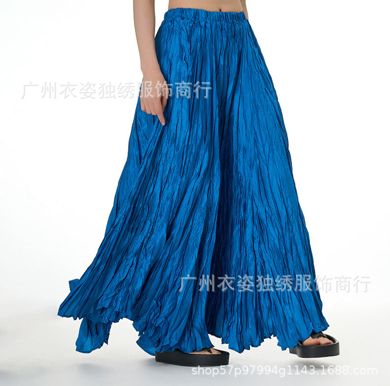 Amazon European and American Style Simple Crinkled Midi Skirt 2026 Summer New Fashion Brand Women's Clothing Trendy Versatile Oversized Flared Skirt