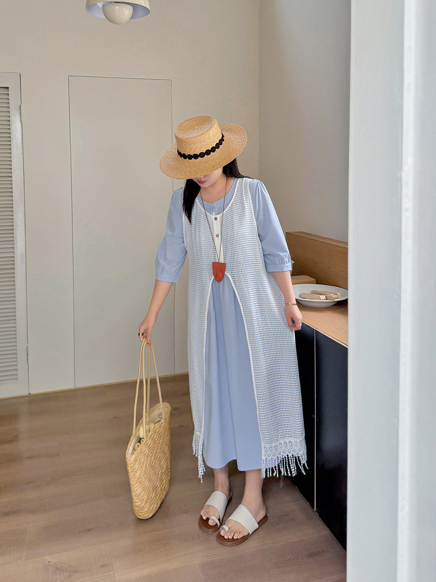 Two days 2025 spring new plus size women's tassel hollow blouse/solid color waist dress 8782AB
