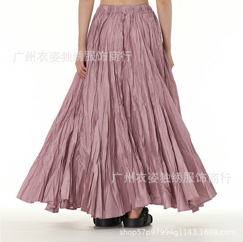 Amazon European and American Style Simple Crinkled Midi Skirt 2026 Summer New Fashion Brand Women's Clothing Trendy Versatile Oversized Flared Skirt