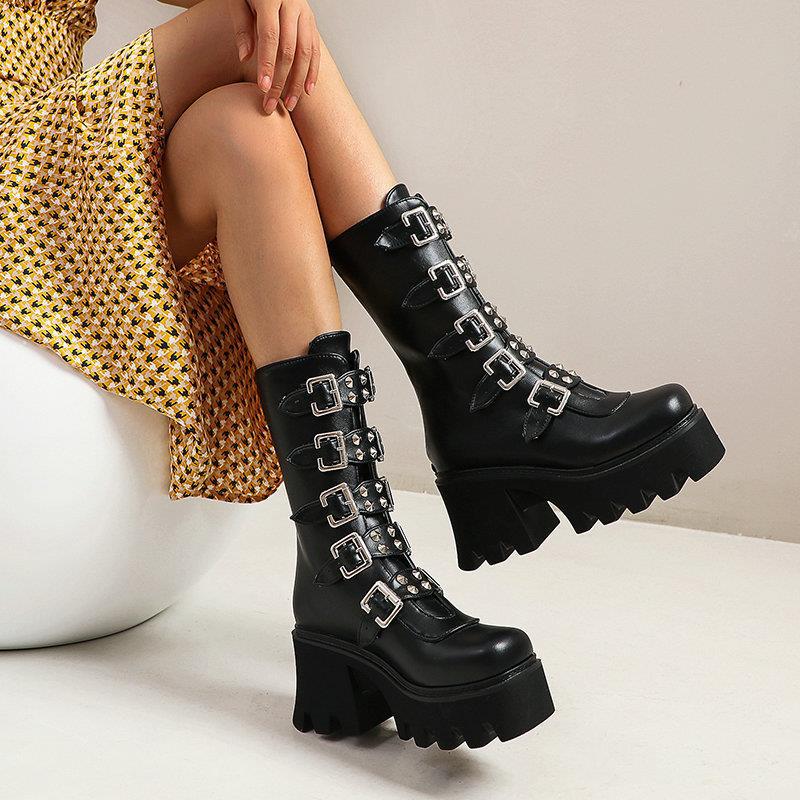 Martin Boots Women's High-heeled Motorcycle Boots Foreign Trade Autumn and Winter New Arrival Boots Thick-soled Short Boots Women's Punk Style Mid-heeled Boots
