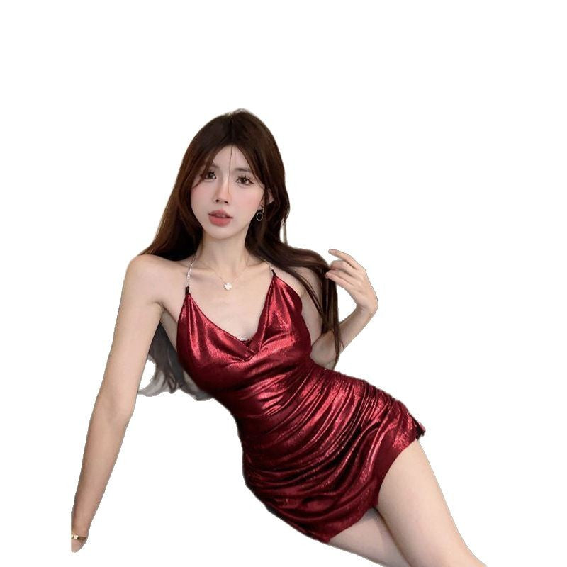 Nightclub Sexy dress Bar Didi Internet Celebrity Hip Skirt Waist Pleated Hot Girl Halter Backless Skirt