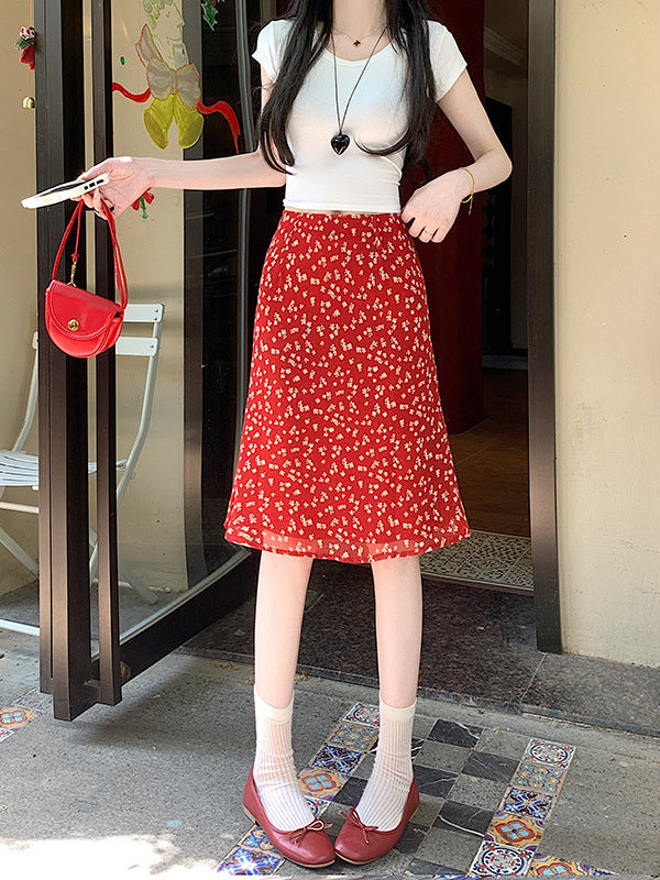Korean-Style Floral Chiffon High-Waisted Hip-Hugging Skirt for Women, 2025 Summer New Sweet and Elegant Casual Slimming Long Skirt
