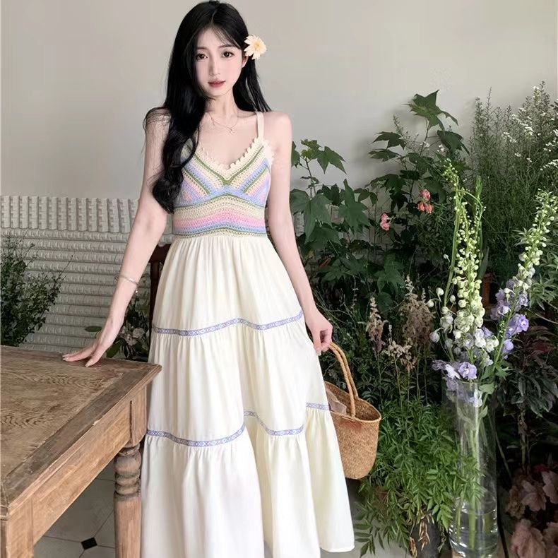 Summer women's national style sling hollow stitching dress new style sling skirt holiday style