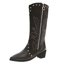 Retro Pointed Toe Thick Heel Western Cowboy Boots for Women 2025 New Side Zipper Rivet Embroider V-Mouth High Knight Boots