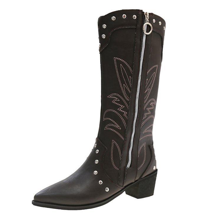 Retro Pointed Toe Thick Heel Western Cowboy Boots for Women 2025 New Side Zipper Rivet Embroider V-Mouth High Knight Boots