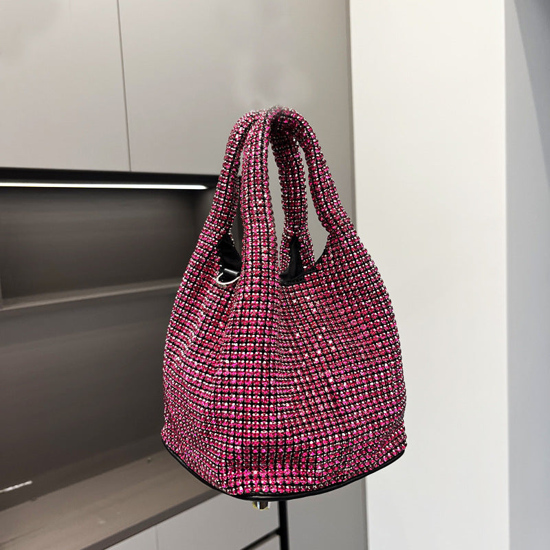 New Rhinestone Handbag Hard Bottom Shaping 2024 Guangzhou Quality Vest Bucket Shoulder Bag Chain Dinner Wallet
