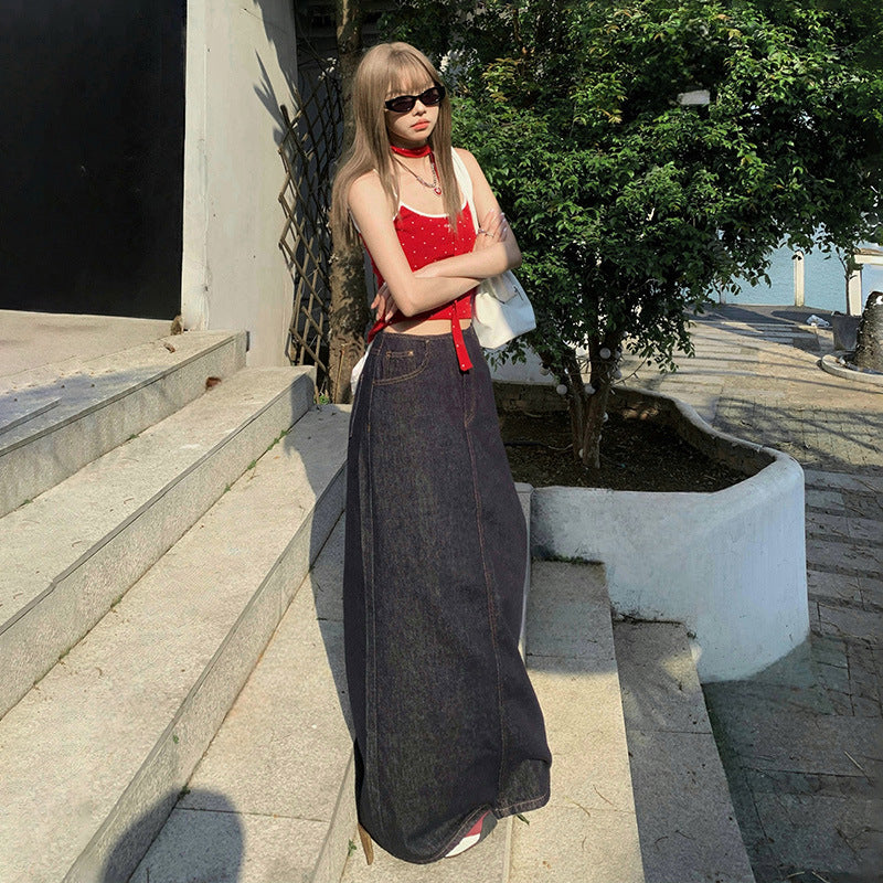 American Style Retro Hot Girl Loose Skirt Women's 2025 Summer New High Waist Draping All-match Split Denim Long Skirt