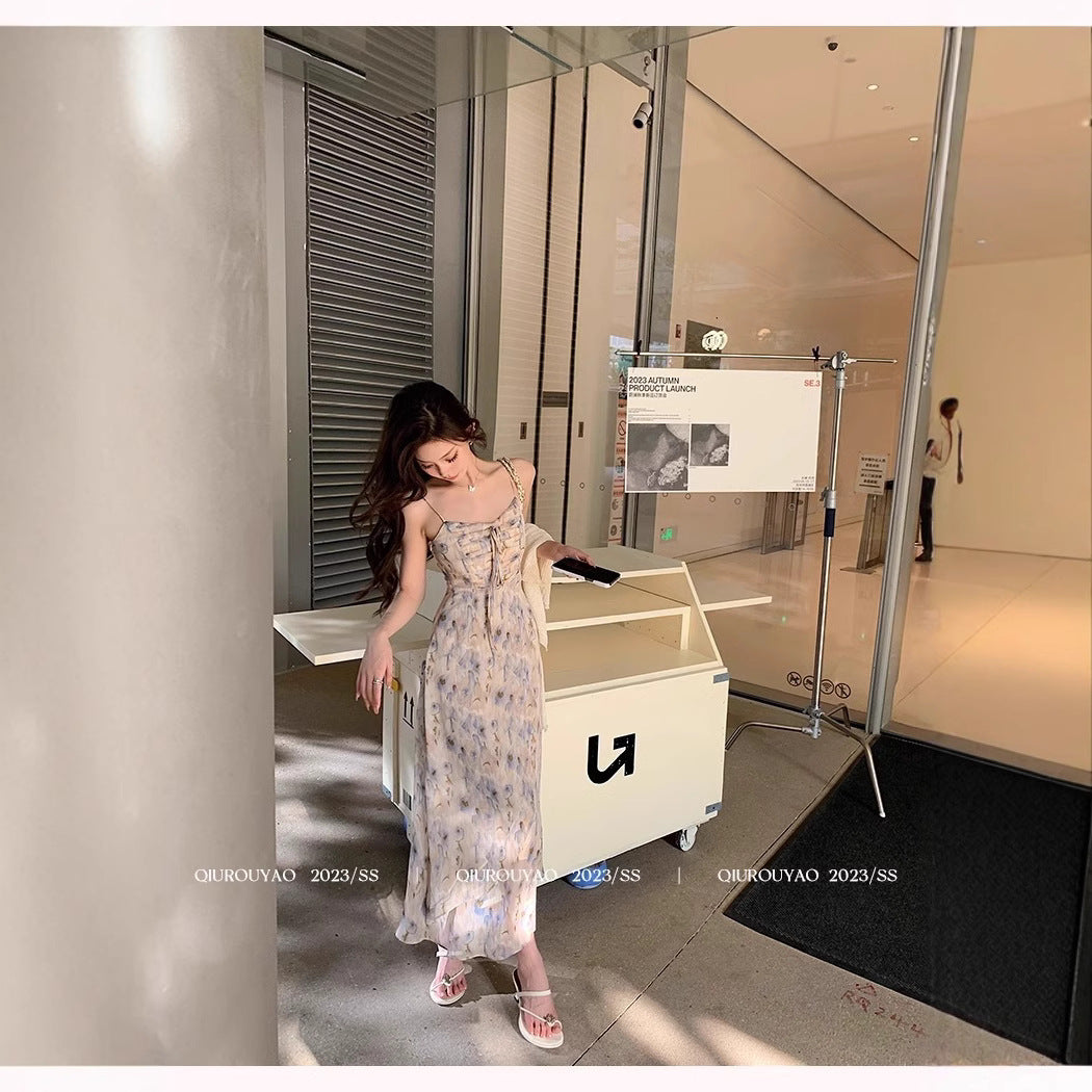 French Style Waisted Gentle Floral dress Women's Seaside Beach Vacation Fairy dress Elegant Pure Slip Dress