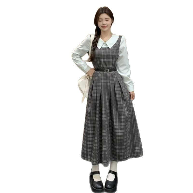 Real Shot~2025 Autum Plus Size Fat mm Slimming Look Color Matching Fake Two-Piece Design Long Dress