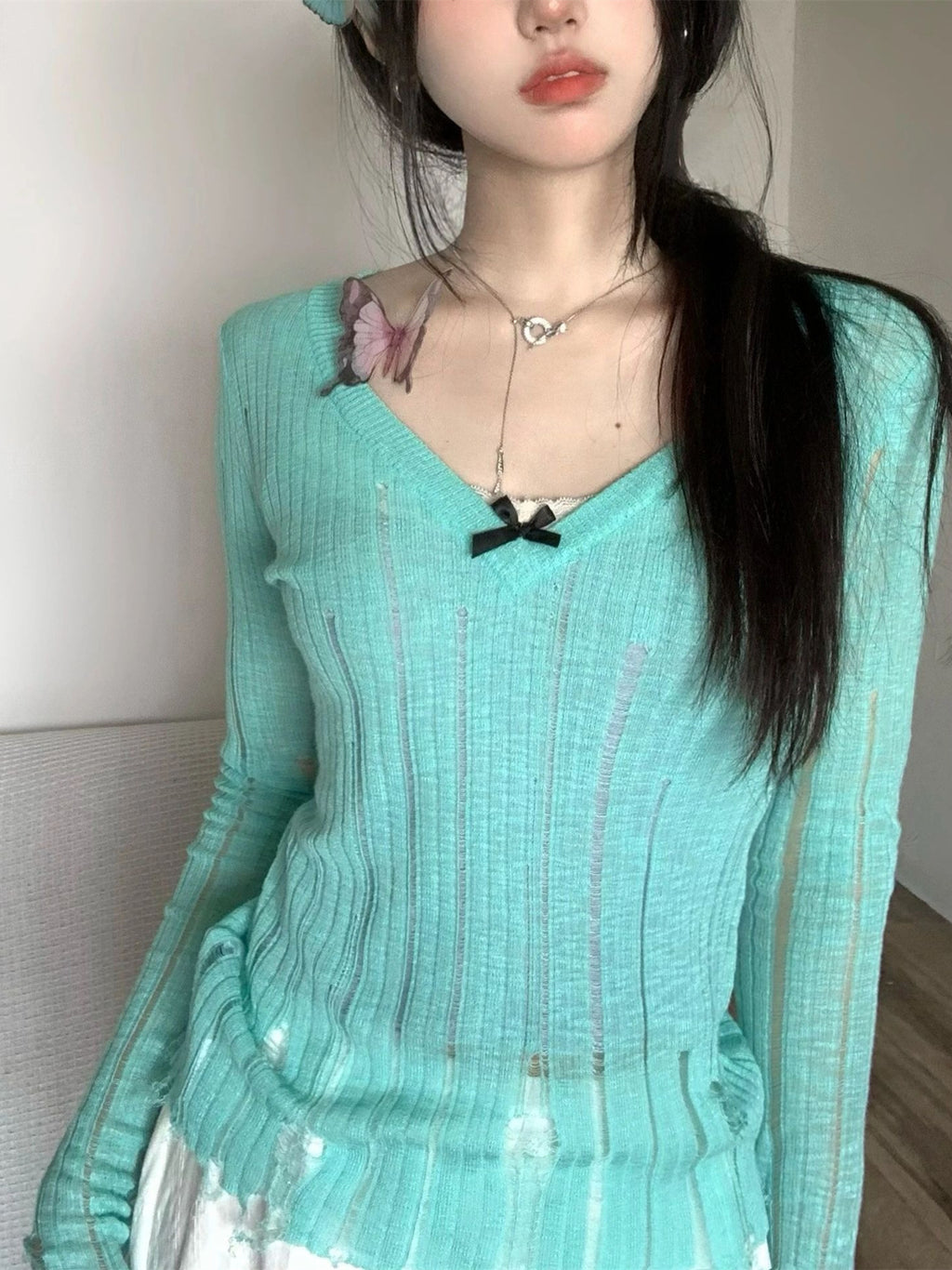 Pure Desire Style Small Hollow-out Lazy V-neck Thin Blouse Hole Sexy Waist Wool Sweater Long-sleeved Slim-fit Top for Women