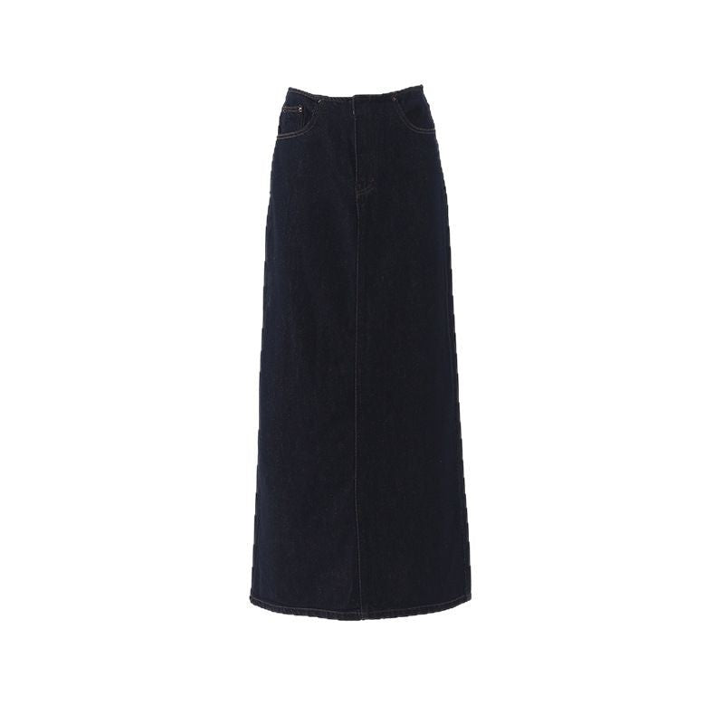 Raccoon House # Summer High-Waisted Denim Long Skirt for Women Denim Original Color Slit Dark Blue Tall A-Line Skirt Wholesale