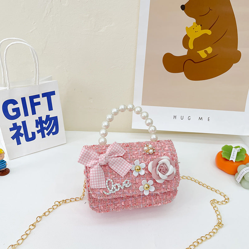 New Korean Fashion Woolen Cotton Linen Women's Children's Bow Pearl Handbag Handbag Women's Bag