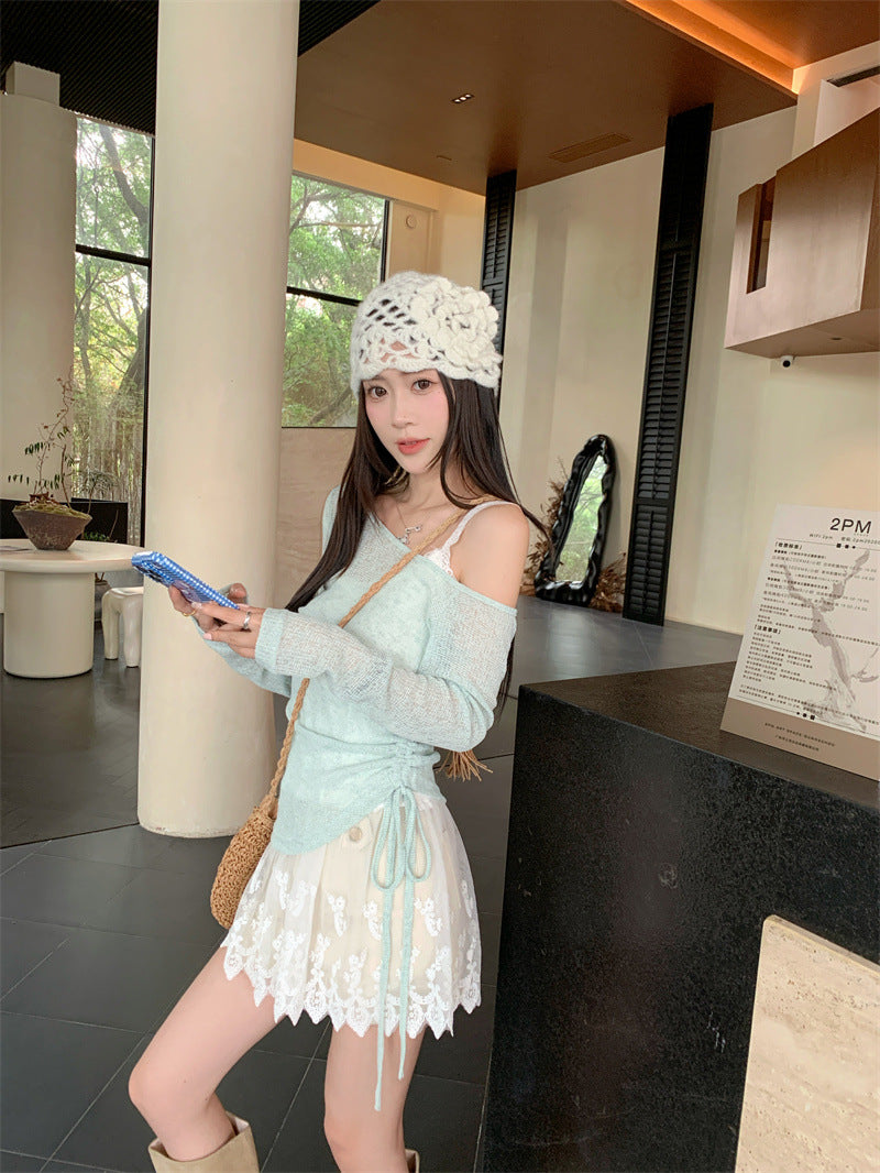 Summer Chic Korean Style Vacation Style Lace Camisole Shoulder-exposed Drawstring Thin Long-sleeved Sunscreen Blouse for suit Women