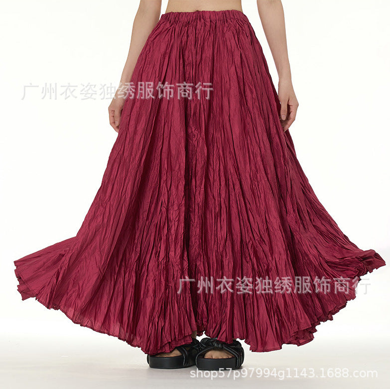 Amazon European and American Style Simple Crinkled Midi Skirt 2026 Summer New Fashion Brand Women's Clothing Trendy Versatile Oversized Flared Skirt