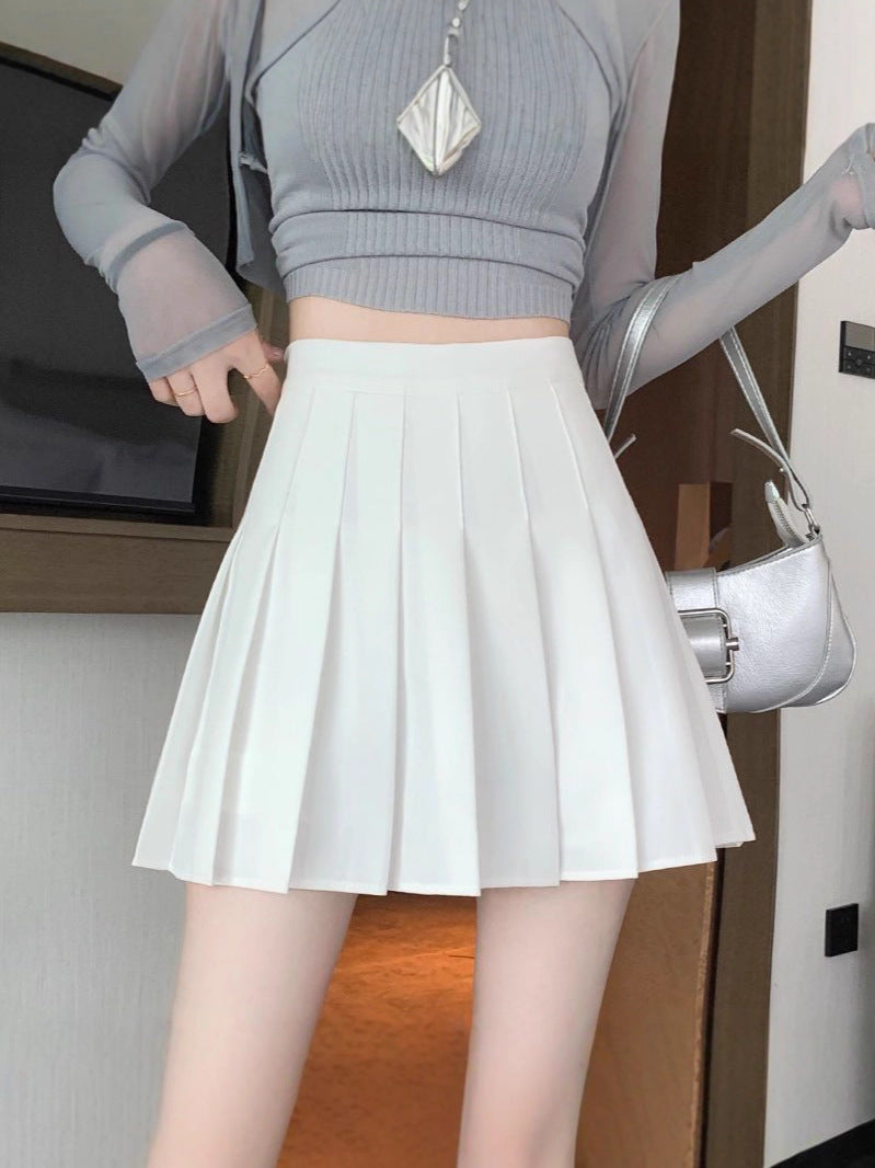 High-Waisted A-Line Slimming Pleated Skirt Versatile Short Skirt for Women, College Style Korean Version Solid Color Anti-Exposure Skirt Wholesale