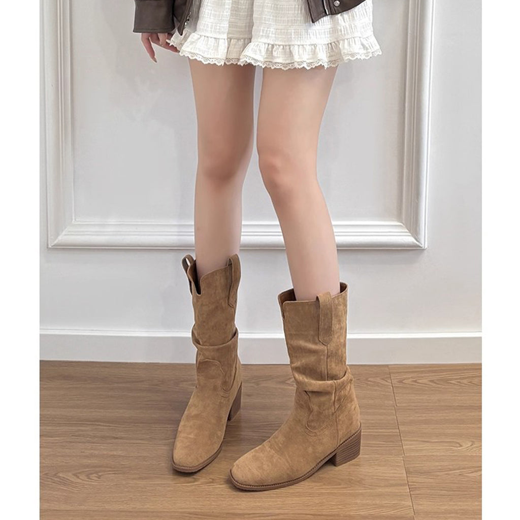 Retro Thick Heel Mid-Calf Boots for Women 2023 New Spring, Autumn and Winter Niche Western Cowboy Shoes Slim Short Boots