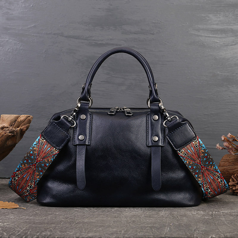 Women's Zipper Handbag First Layer Cowhide Adjustable Shoulder Bag Business Style Tote Bag Genuine Leather Women's Bag Retro Style