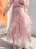Spring and Summer Korean Style Elastic Waist Fashionable and Versatile Slimming Mesh Splicing Irregular Mid-Length High-Waisted Skirt