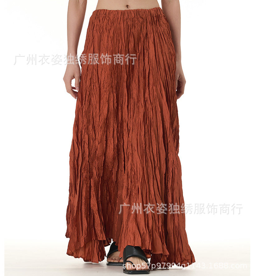 Amazon European and American Style Simple Crinkled Midi Skirt 2026 Summer New Fashion Brand Women's Clothing Trendy Versatile Oversized Flared Skirt