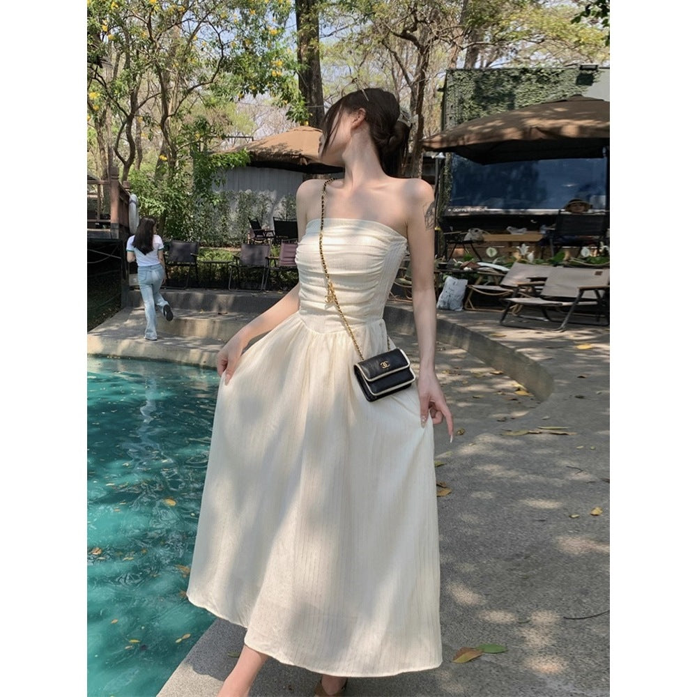 French-Style Off-Shoulder Dress for Women, Summer Spicy Girl Pure Desire Dress, Petite Figure-Flattering Waist-Cinching Elegant Long Dress