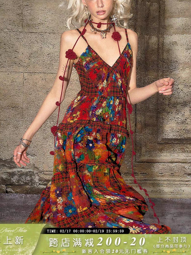 TheNeverMo Fireworks Burning Spring French Retro V-neck Strap Floral Long Dress for Holiday dress Summer