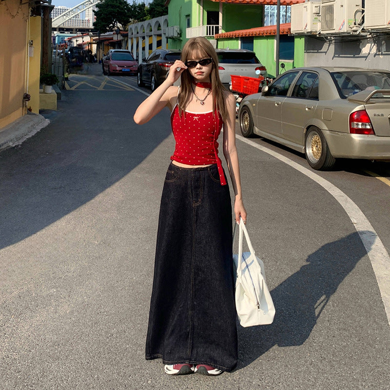 American Style Retro Hot Girl Loose Skirt Women's 2025 Summer New High Waist Draping All-match Split Denim Long Skirt