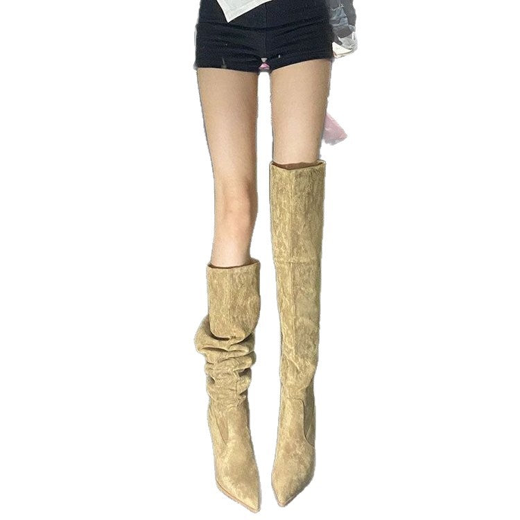 European and American Style Trendy Women's Retro Pointed Toe Stiletto High Heel Boots with Ruched Two-Way Wear Slouch Boots in Khaki Gray Long Boots