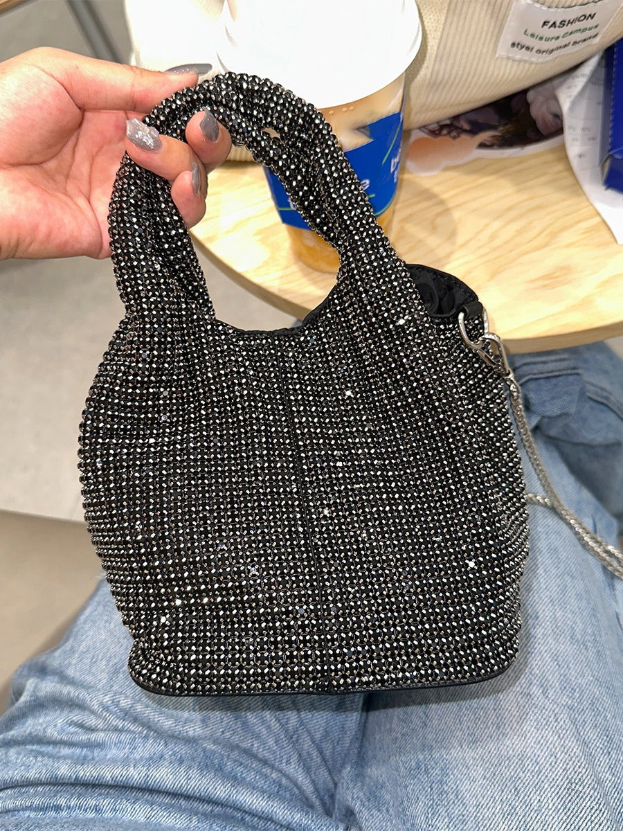 New Rhinestone Handbag Hard Bottom Shaping 2024 Guangzhou Quality Vest Bucket Shoulder Bag Chain Dinner Wallet