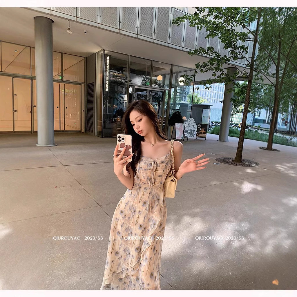 French Style Waisted Gentle Floral dress Women's Seaside Beach Vacation Fairy dress Elegant Pure Slip Dress
