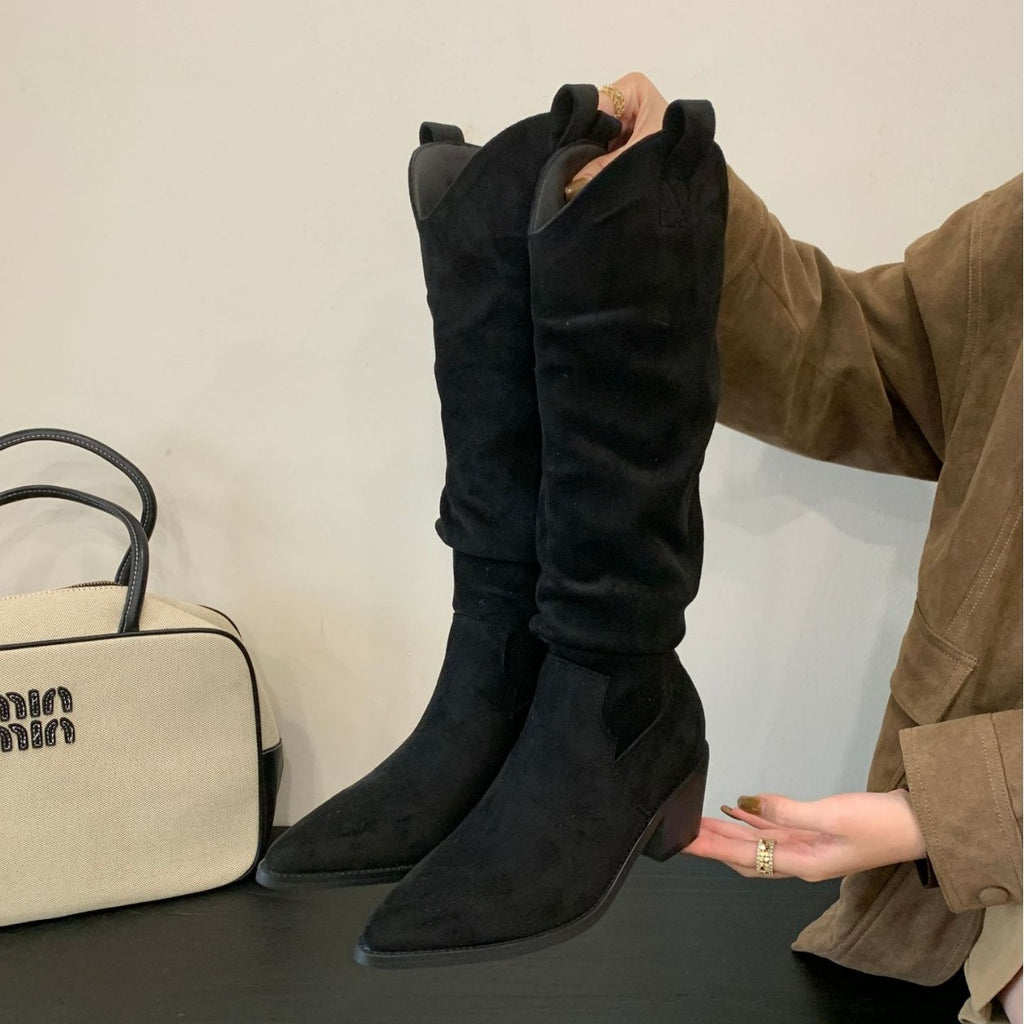 Long Boots, High Boots, Women's Suede 2025 Autum New Boots, Pointed Toe Retro Knight Boots, No More Than Knee Thick Heels and High Heels