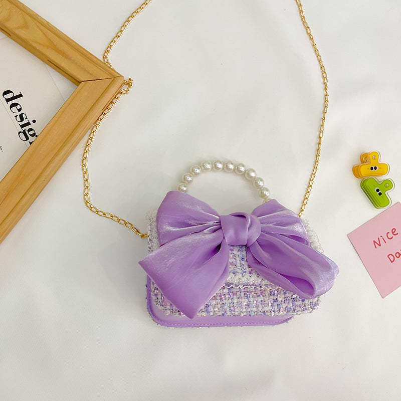 New Korean Fashion Woolen Cotton Linen Women's Children's Bow Pearl Handbag Handbag Women's Bag