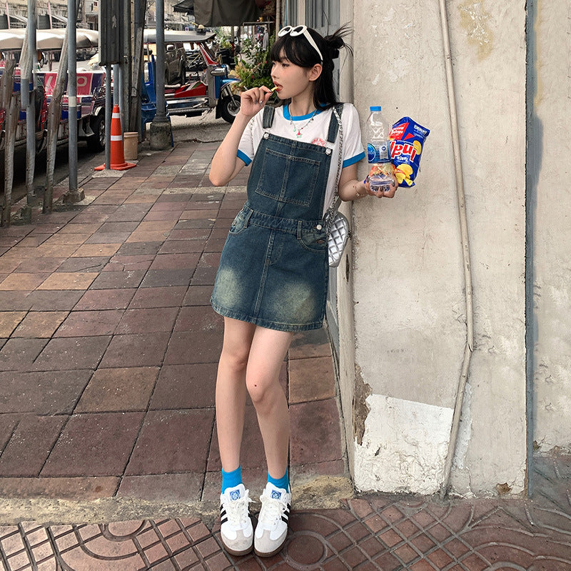 YC & American Retro Sweet Girl Strap Skirt A- line Skirt Slimming Joker dress Denim Skirt Spring and Summer