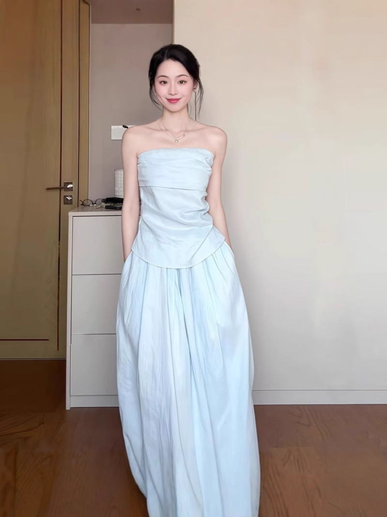 2025 Spring and Summer New Korean suit Shirt Strapless Top Skirt light blue
