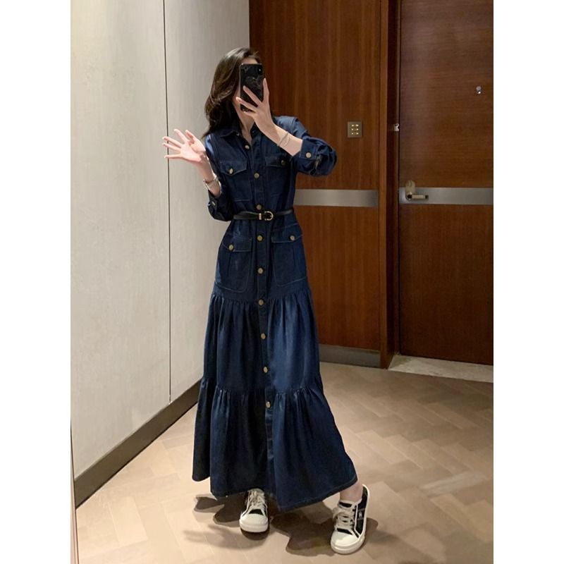 Casual Blue Denim dress Women's 2025 Spring New Feeling Temperament Fashion High Waist Slimming Cake Dress