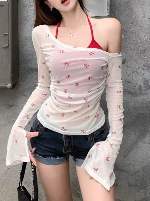 Fake Two-piece Bow Printed Shoulder Neck Long-sleeved T-shirt Thin Summer Sweet Spice Girl Blouse Design Top for Women
