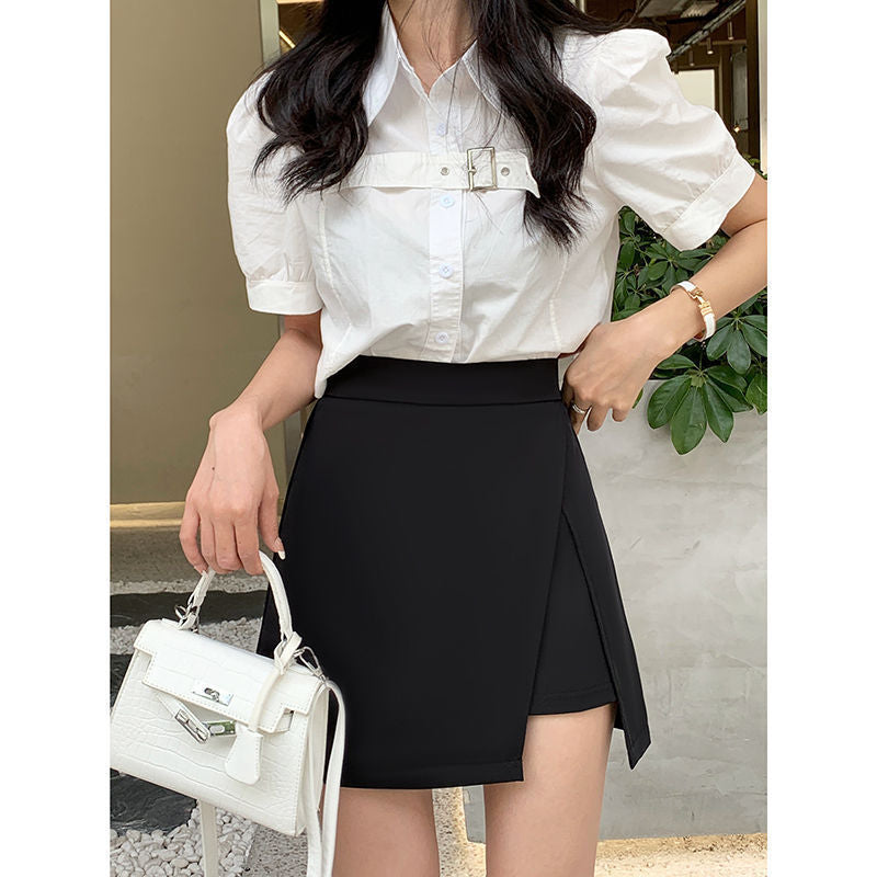 plus size chubby girl Black Split Skirt Women's Spring and Autumn Cover Span Slimming High Waist A- Line Skirt Grey Suit Culottes