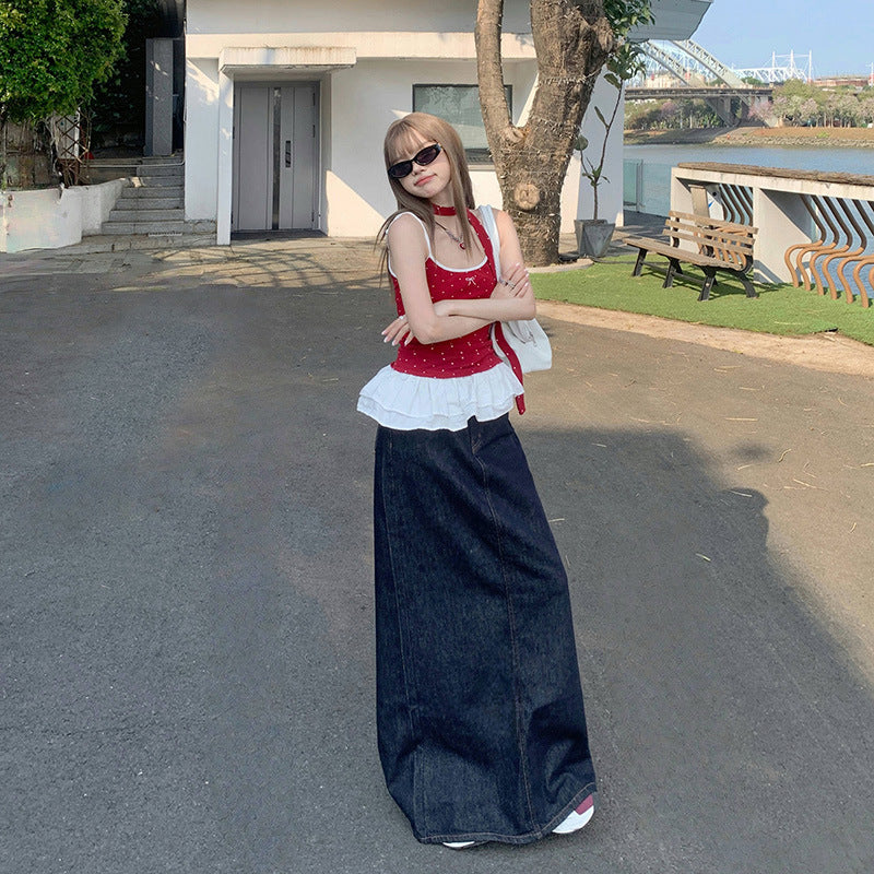 Raccoon House # Summer High-Waisted Denim Long Skirt for Women Denim Original Color Slit Dark Blue Tall A-Line Skirt Wholesale