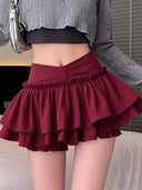 Pure Desire Ballet-Style Red Puffy Skirt for Women, High-Waisted A-Line Tiered Skirt, Anti-Exposure Mini Skirt for Petite Figures