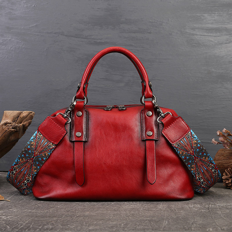 Women's Zipper Handbag First Layer Cowhide Adjustable Shoulder Bag Business Style Tote Bag Genuine Leather Women's Bag Retro Style
