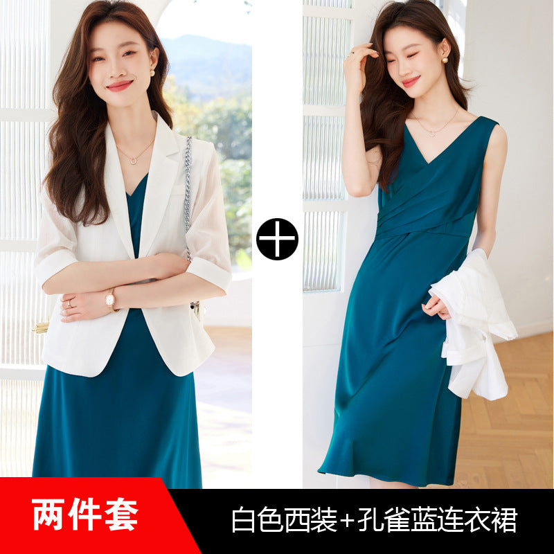 White suit jacket for women 2024 new small three-quarter sleeve casual thin Tencel suit dress suit