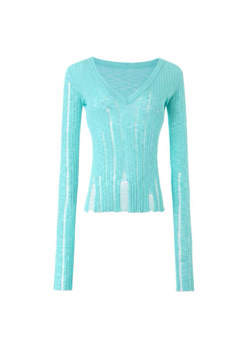 Pure Desire Style Small Hollow-out Lazy V-neck Thin Blouse Hole Sexy Waist Wool Sweater Long-sleeved Slim-fit Top for Women