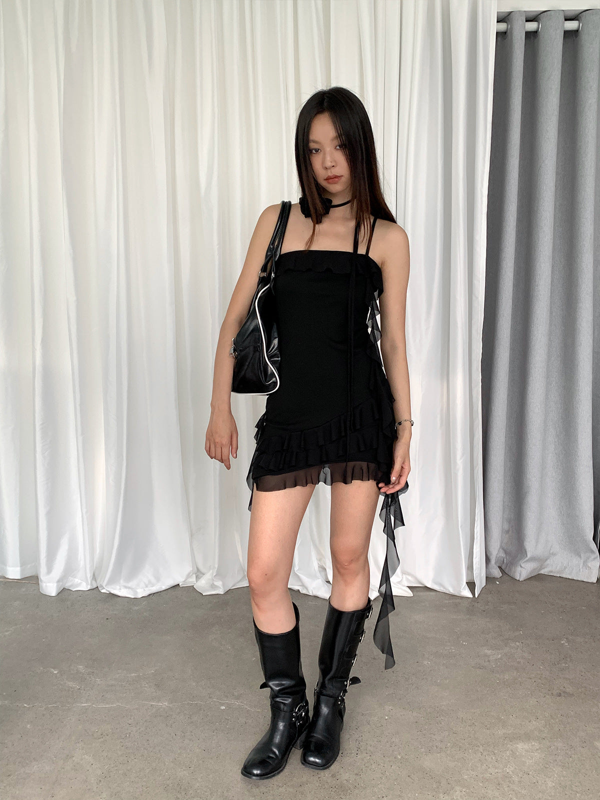Dorothy South Korea Pure Desire Spice Girl Rose Irregular Mesh Stitching Sling dress Hip Skirt Women