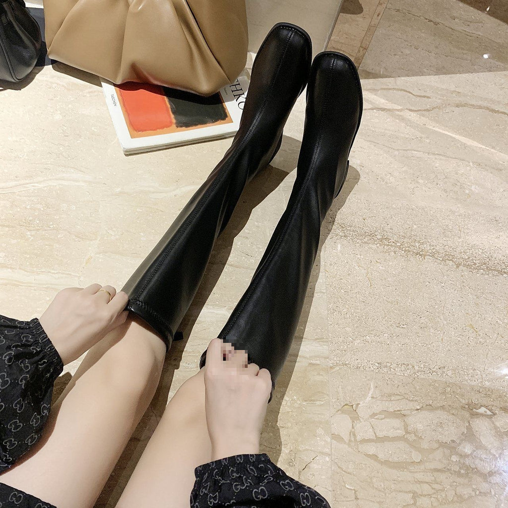 Long Boots for Women, Knight Boots, No More Than Knee-High Street Style Square-Toe Boots, Spring and Autumn New Style, Rear Zipper, Slimming High Boots for Women