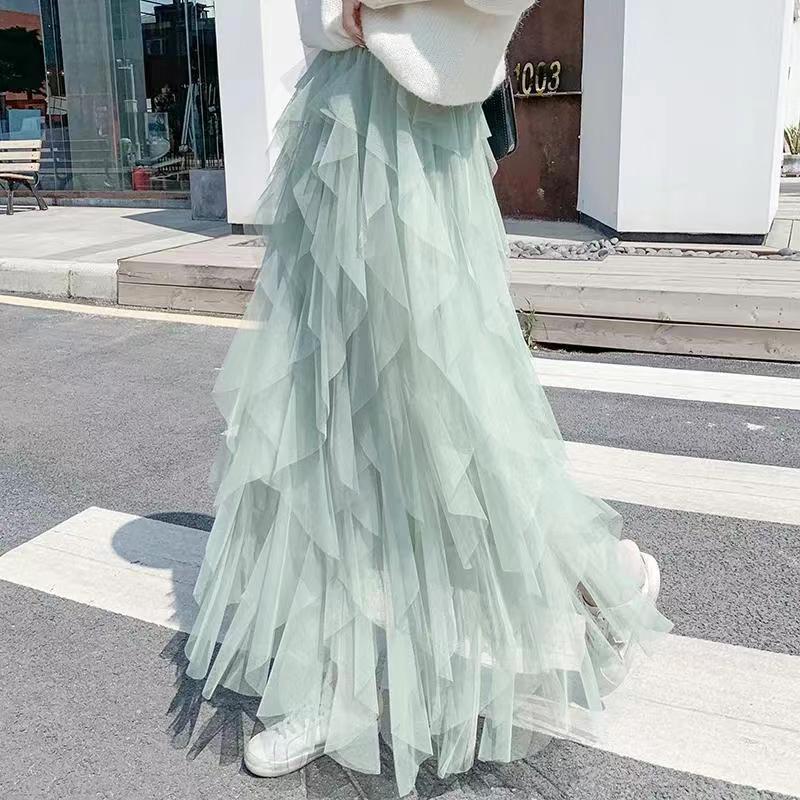Spring and Summer Korean Style Elastic Waist Fashionable and Versatile Slimming Mesh Splicing Irregular Mid-Length High-Waisted Skirt